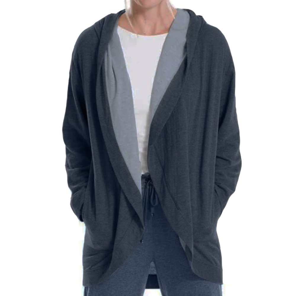 NEW Max Studio Women Long Sleeve Cascading Open Cardigan Blue Pocket Hoodie